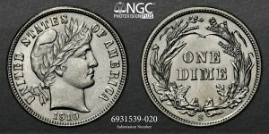 1910-S 10C �����t �V���o�[ DIME �T���t�����L�V�R �~���g NGC MS64 #6931539-020-