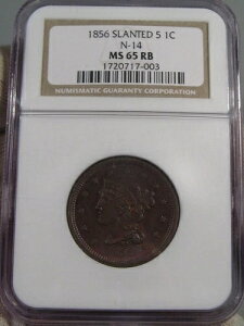 �󏭂� BU GEM 1856 �΂߂́u5�v���[�W �Z���g NGC MS65 RB N-14 �o���G�[�V�����B