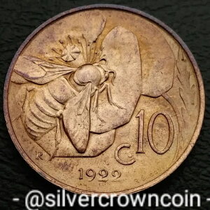 �C�^���A 10 Centesimi 1922 R. KM#60�B10�Z���g�d�݁B�n�j�[�r�[�BV. �G�}�k�G�[��3���BHL