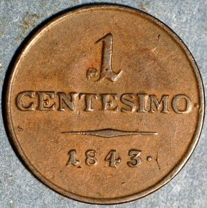 1843 V 1 Centesimo �C�^���A���B �����o���f�B�A ���F�l�c�B�A �t�F���f�B�i���h1�� C# 12