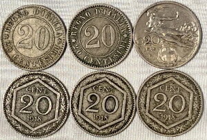 ���B���e�[�W ���b�g 6 �R�C�� �C�^���A 20 Centesimi 1894�A1913R�A1918R�A���[�������ȑO�̋���