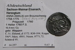??????�h�C�cSaxony-weimar-Eisenach 1 Heller 1760�i�C�X�I�t�Z���g��B79 #z7048-