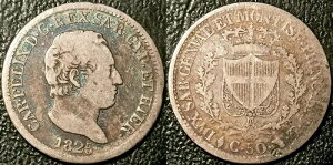 �C�^���A - �T���f�[�j�� - Charles F?lix - 50 Centesimi 1825 L�A�C�[�O�� �g���m KM#124.1