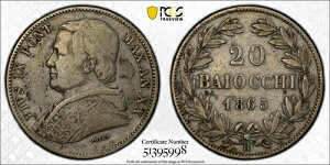 1865�N -R�C�^���A �p�p�� �X�e�[�c �A���m XX 20 �o�C�I�b�L KM 1360 PCGS F �f�B�e�[��-
