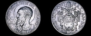 1933-1934�N �o�`�J���s�� 20 centesimi ���[���h�R�C��-�J�g���b�N����C�^���A-�s�E�X13��-