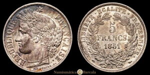 �t�����V�A - II Rep?blica 5 �t���� (24,92g) 1851 A-Paris KM-761 XF+