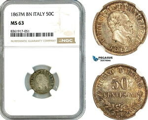 AK642�A�C�^���A�AVit�B�G�}�k�G�� II�A50 Centesimi 1867 M�A�~���m�����ǁANGC MS63