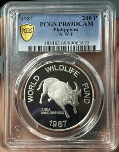 �t�B���s�� 1987�N �V���o�[ 200�s�\ �v���[�t WWF �~���h�� �o�b�t�@���[ �Y�� PCGS PF69DC