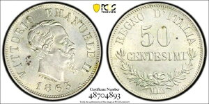 1863�N M �C�^���A 50 Centesimi�A���ʍ��󂠂�APCGS MS 63�AKM-14.1