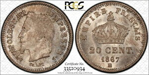 �t�����X�A��� 20�T���`�[�� 1867-BB �X�g���X�u�[�� PCGS MS 66 ( BL ) �A��