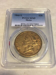 1866�N-S XF45 PCGS ���o�e�B �_�u���C�[�O�� $20 �S�[���h�R�C�� ���ꂢ�ȃf�B�e�[��-
