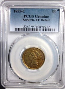 1855-C ���o�e�B�w�b�h �n�[�t�C�[�O�� 5�h������ PCGS XF DE SCR �� �V���[���b�g