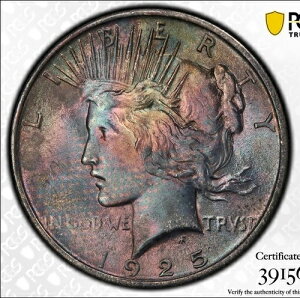 1925�N �s�[�X 1�h�� PCGS MS63 ���Ɋ󏭂ȃe�L�X�^�C���J���[�R�C���I mikesartifacts