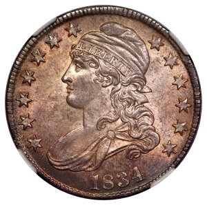 1834 O-108 Lg Date Sm Let Capped Bust�A���ɕ������� 50C NGC MS64