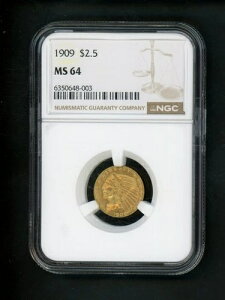1909�N US $2.50 �C���h�S�[���h NGC MS 64 UNC �I���W�i���\�� / �ΐ��Ȃ� ���