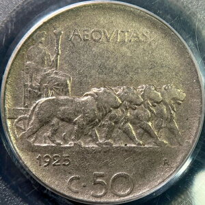 �C�^���A�B 1925�N�A50 Centesimi�AR - PCGS AU50 - Victor Emmanuel III�AReeded Edge Rome