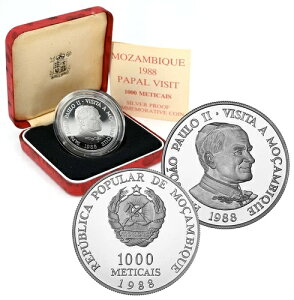 MOZAMBIQUE 1000 Meticais 1988 �V���o�[ �v���[�t�uPapal Visit�v�{�b�N�X/CoA