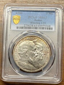 1906 �N �h�C�c �o�[�f�� 5 �}�[�N PCGS MS63 50 Jahre Hochzeit von Friedrich I und Luise