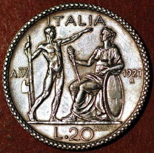 �C�^���A 20 ���� 1927 R Yr VI Vittorio Emanuele III KM# 69