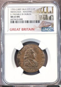 1795�N �C�M���X 1/2�y�j�[ D&H 373 �~�h���Z�b�N�X �t���[���[�\�� �_�u���� NGC MS 63 BN ��