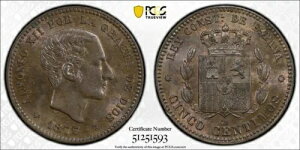 1877�N-OM �X�y�C�� 5�Z���`�� PCGS MS64BN ���b�g #G9182 �`���C�X UNC!-