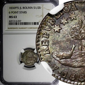 �{���r�A �V���o�[ 1830 PTS JL 1/2 �\�� NGC MS63 6�X�^�[ 1�N TYPE KM# 93.2a (037)