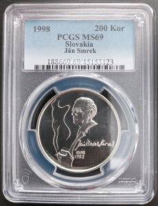 �X���o�L�A �V���o�[ 200 �R���� UNC �R�C�� 1998 KM#45 JAN SMREK PCGS MS69 �g�b�v �|�b�v