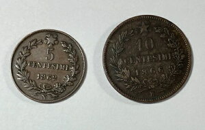 �C�^���A 1862N 5 Centesimi & 1866H 10 Centesimi (#2257) �����Ƃ� VF