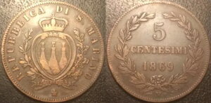 �C�^���A - �T���}���m / �T���}���m - ���a�� - 5 centesimi 1869M�A�~���m - KM#1-