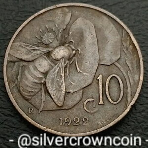 �C�^���A 10 Centesimi 1922 R. KM#60�B10�Z���g�d�݁B�n�j�[�r�[�BV. �G�}�k�G�[��3���BD