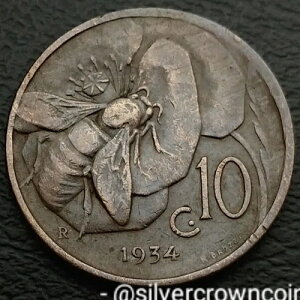 �C�^���A 10 Centesimi 1934 R. KM#60�B10�Z���g�d�݁B�n�j�[�r�[�BV. �G�}�k�G�[��3���BL