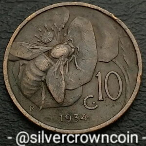 �C�^���A 10 Centesimi 1934 R. KM#60�B10�Z���g�d�݁B�n�j�[�r�[�BV. �G�}�k�G�[��3���BHS