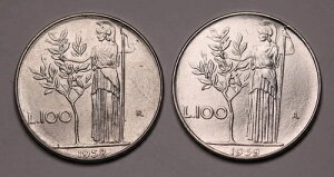 1958�N��1959�N�̃C�^���A100�����d�݁i2���jKM# 96.1 AU & UNC