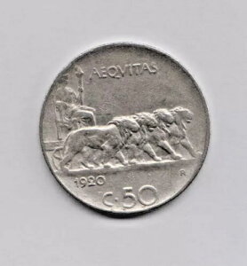 �C�^���A 50 Centesimi 1920 R KM 61.2�B���[�h�G�b�W�̊󏭃j�b�P���R�C��