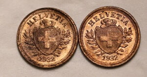 �X�C�X 1 Rappen 1932 KM# 3.2; 2 �u�����Y�R�C�� gEF/AU
