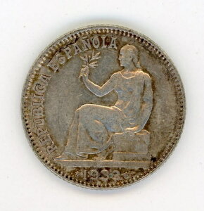 �X�y�C�� Espa?a II Republica 1 Peseta 1933*34 KM 750 XF+�R�C������ �V���o�[-