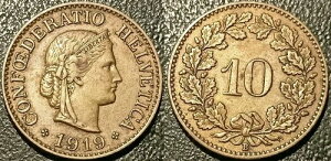 �X�C�X - Confederate Helvetica - 10 Rappen 1919 B�ABern Brass Ttb Km #