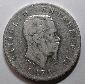 5 Livres Silver Re Vittorio Emanuele II 1874 M Kingdom D'Italia b86