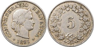 �X�C�X�R�C�� 5���b�y�� 1881�N (S.1212 / KM#26 VF/XF)