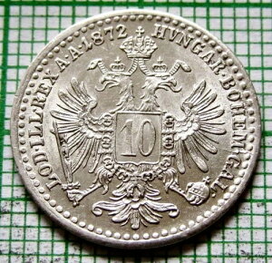 �I�[�X�g���A�鍑 �t�����c ���[�[�t 1 �� 1872 10 KREUZER�A0.400 �V���o�[ UNC ���� km# 2206