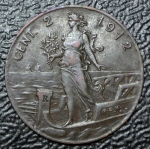 1912 R �C�^���A - 2 CENTESIMI - �� - ���B�b�g���I �G�}�k�G�[�� 3 �� - �^�C�^�j�b�N���� - �j�[�X