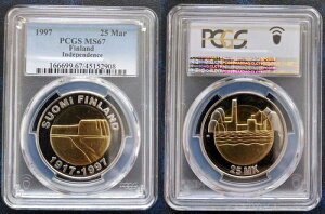 �t�B�������h �o�C���^�� 25 �}���J UNC �R�C�� 1997 KM#85 PCGS �Ɨ��L�O MS67 �g�b�v�|�b�v ??