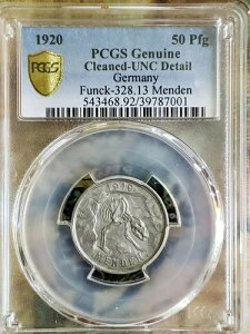 1920�N �h�C�c 50 Pfg ���A�̃N�}�̍��i�W�{ PCGS UNC Funck-328.13 Menden GS NFC 7001