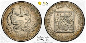 �`�F�R�X���o�L�A �V���o�[ 1931 10 �R���� - PCGS MS62 - KM-15