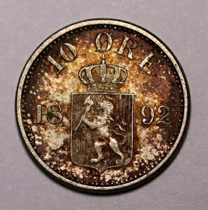 1892 �m���E�F�[ 10 �I�[�� - �I�X�J�[ II - �r���� �R�C�� KM# 350 �g�[�� EF+