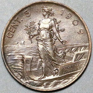 1909-R �C�^���A 5 Centesimi UNC ���B�b�g�[���I�E�G�}�k�G�[��3�� �u�����Y�R�C�� (25082701S)