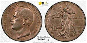 1911-R �C�^���A 10 Centesimi PCGS MS63BN ���b�g#G1290 Choice UNC! KM#51