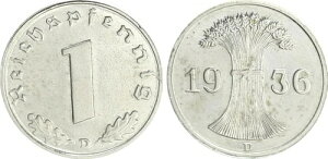 1 Pfennig 1936 D �}�e���A���v���[�u IN �j�b�P���A���͂Ȏ����A2,04g �����X�e���y���Q��