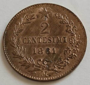 �C�^���A 1861-M 2 Centesimi UNC MS BU MILAN MINT ITALIA VITTORIO EMANUELE 2c ????
