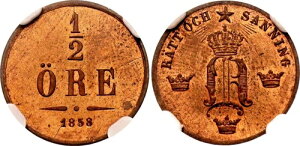 �X�E�F�[�f�� 1/2 �z�� 1858 /57 �I�[�o�[�f�C�g KM# 686 �u�����Y �R�C�� �I�X�J�[ NGC MS64 RB